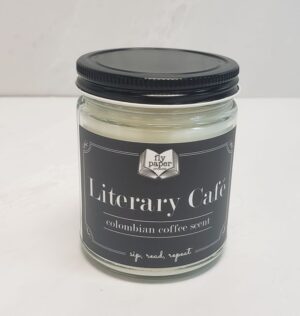 Giftable 9 oz candle from Fly Paper Products called Literary Cafe.