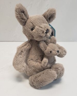 Jellycat's 11" Kara Kangaroo plush in brown with a baby kangaroo in the pouch