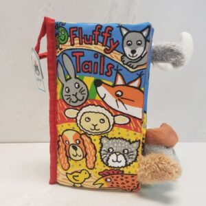 Crinkle activity book with bright colors and textures called "Fluffy Tails" from Jellycat