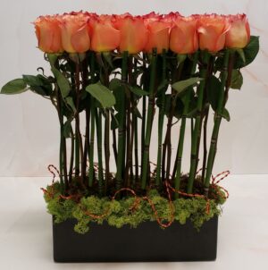 Modern arrangement of freespirit roses in an container of floral oasis with decorative moss and aluminum wiring.