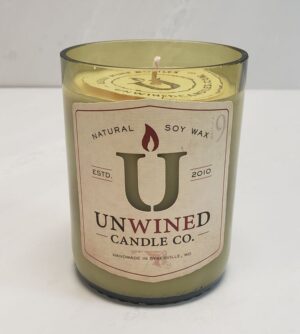 A natural soy wax candle poured in a recycled wine bottle from Unwined Candle Co.