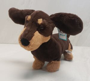 Jellycat's 12" long dachshund plush in dark and light brown