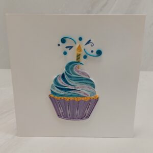 6 x 6 quilling card of a multicolored cupcake.